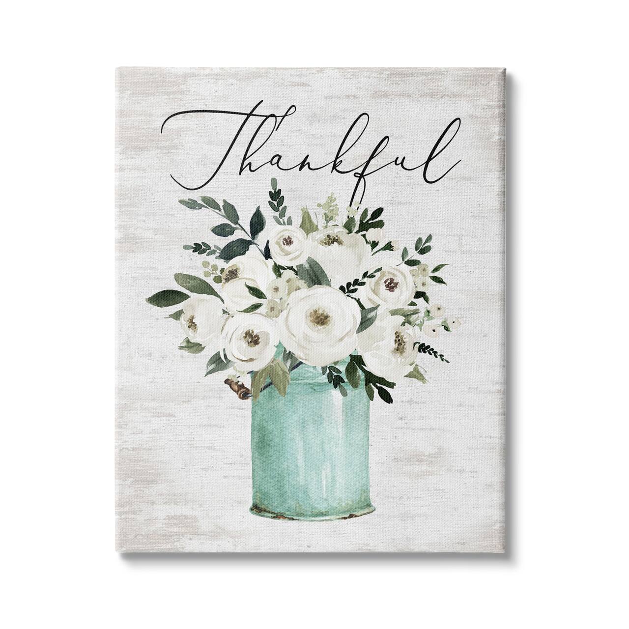 Stupell Industries Thankful Phrase White Ranunculus Floral Bouquet Milk Tin Canvas Wall Art